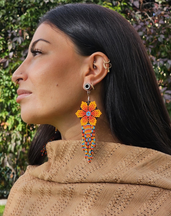 Beaded Boho Earrings, Huichol Earrings, Boho Orange Flower Earrings, Indigenous Made, Traditional Beadwork | Biulu Artisan Boutique