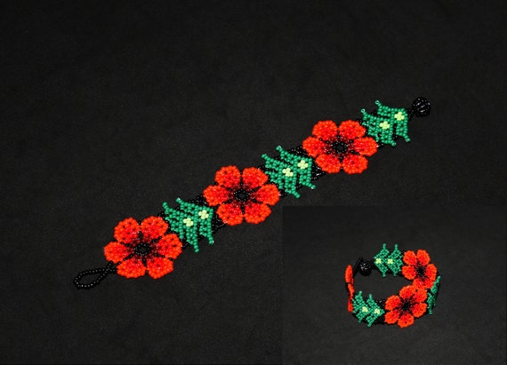 Native American Bracelet, Huichol Bracelet, Orange Flower Bracelet, Mexican Jewelry, Huichol Jewelry, Authentic, Traditional Beading