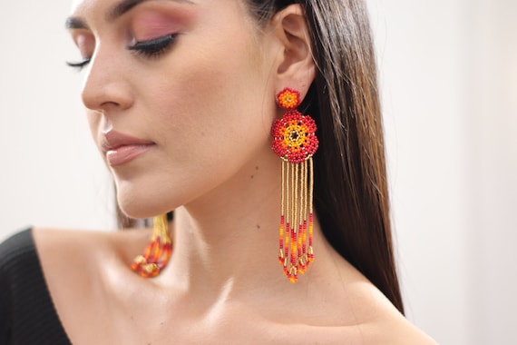 Beaded Flower Earrings w/ Posts, Boho Beaded Earrings, Native American Beaded Earrings, Indigenous Made, Handmade, Red Gold, Huichol Jewelry