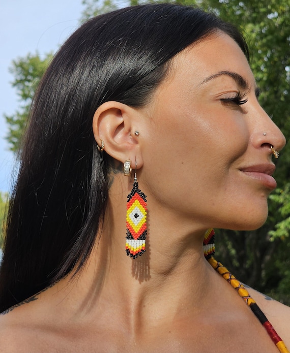 Handmade Earrings, Native American Beaded Earrings , Beaded Boho Earrings, Indigenous Made, Short Skinny Earrings, Medicine Wheel Colors