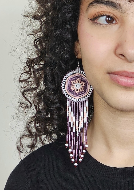 Purple & White Medallion Boho Earrings, Native American Beaded Earrings, Hippie Tribal, Faux Leather Back, Handmade, Beautiful Rustic