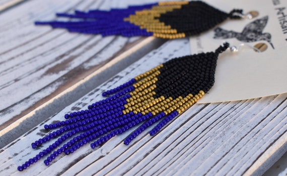 Beaded Boho Earrings, Native American Beaded Earrings, Black Brass Blue Earrings, Contemporary Tribal Earrings | Biulu Artisan Boutique