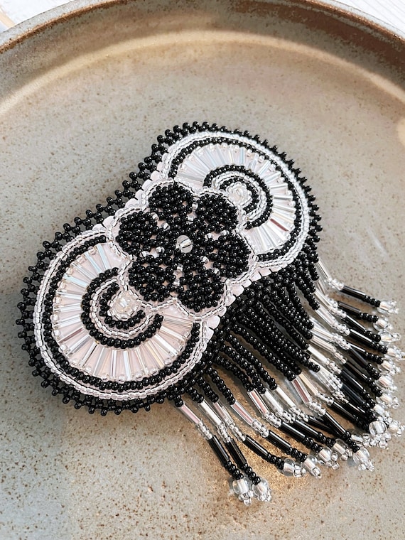 Beaded Boho Barrette, Native American Jewelry, Boho Hair Clip, Indigenous Made, Black Silver, Etsy Jewelry | Biulu Artisan Boutique