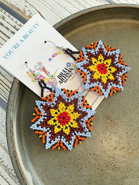 Beaded Starburst Earrings, Native American Beaded Earrings, Beaded Boho Earrings, Huichol Earrings, Etsy Jewelry, Handmade, Sun Earrings