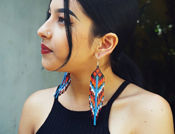 Geometric Statement Earrings, Tribal Chic Earrings, Native American Style Beaded Earrings, Seed Bead Geometric Earrings, Handmade