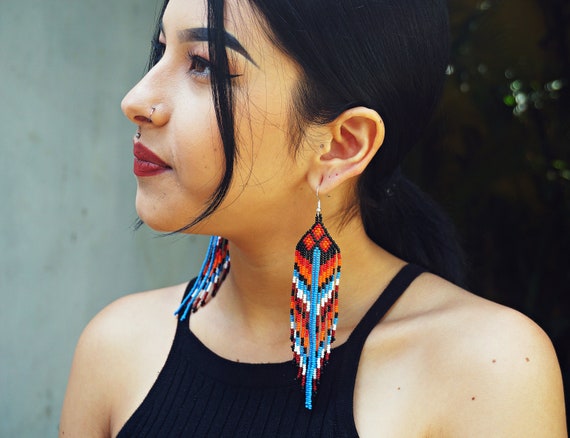 Geometric Statement Earrings, Tribal Chic Earrings, Native American Style Beaded Earrings, Seed Bead Geometric Earrings, Handmade