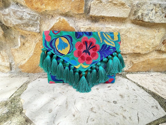 Boho Bag with Tassels, Gypsy Purse, Unique Embroidered, Crossbody, Colorful, Floral Geometric, Shoulder Bag | Biulu Artisan Boutique