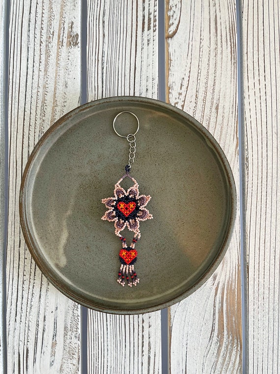 Pink Flower Keychain, Red Heart, Native American Beading, Boho Keychain, Handmade, Indigenous Made, Beaded | Biulu Artisan Boutique