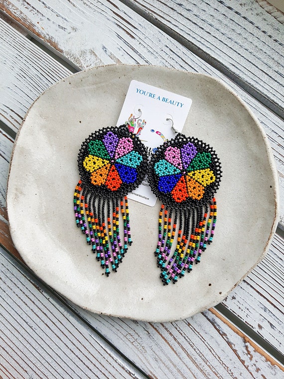 Statement Boho Earrings, Rainbow, Long Dangle, Native American Beaded Earrings, Hippie Tribal, Faux Leather Back, Handmade, Beautiful Rustic