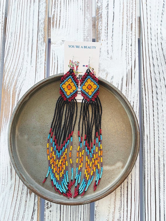 Boho Chandelier Earrings, Long Beaded Earrings, Native American Should Dusters, Chic, Colorful, Boho Handmade Earrings, Indigenous Made