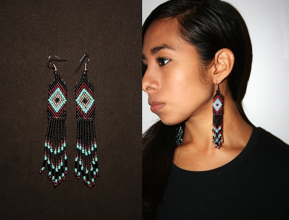 Traditional Brick Stitch Earrings, Small Dangle Earrings, Native American Beaded Earrings, Huichol Earrings with Ojo de Dios, Authentic