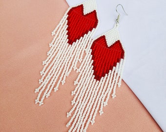 Boho Heart Earrings, Native American Beaded Earrings, Beaded Boho Earrings, Turquoise, Red Heart Earrings, Boho Chic, Statement Earrings