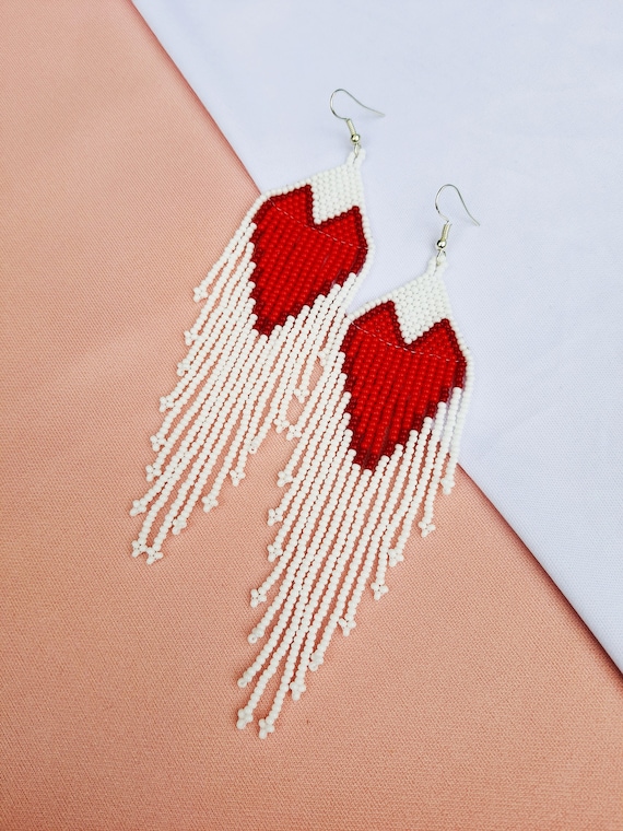 Boho Heart Earrings, Native American Beaded Earrings, Beaded Boho Earrings, Turquoise, Red Heart Earrings, Boho Chic, Statement Earrings