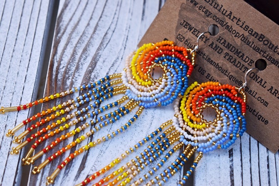 Colorful Boho Sun Earrings, Native American Beaded Earrings, Beaded Boho Earrings, Tribal Chic, Statement Earrings | Biulu Artisan Boutique