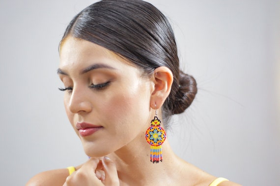Colorful Starburst Earrings, Boho Sun Earrings, Native American Jewelry Huichol, Stars, Indigenous Made Earrings | Biulu Artisan Boutique