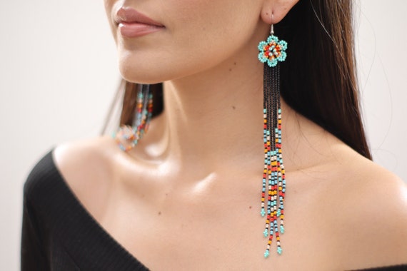 Long Boho Beaded Earrings, Shoulder Dusters, Native American Beaded Earrings, Handmade, Chandelier Earrings, Blue | Biulu Artisan Boutique