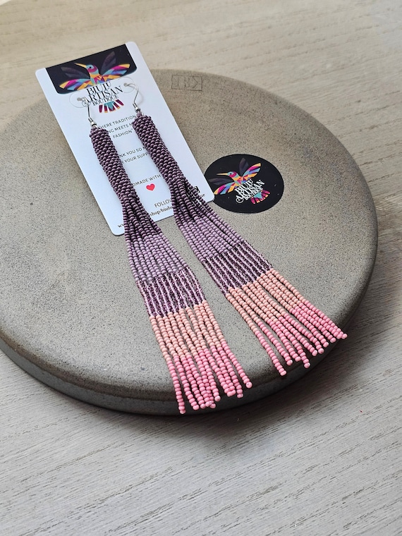 Native Beaded Earrings, Long Boho Tube Earrings, Native Style Beaded Earrings, Boho, Seed Bead, Tribal Fashion, Huichol, Handmade