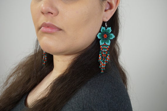 Beaded Boho Earrings, Huichol Earrings, Boho Blue Flower Earrings, Indigenous Made, Traditional Beadwork | Biulu Artisan Boutique