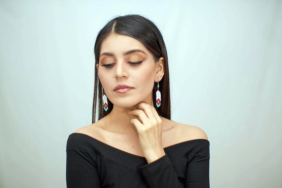 Beaded Feather Earrings, Beaded Feathers, Native American Jewelry Huichol, Feather Earrings, Handmade Indigenous | Biulu Artisan Boutique
