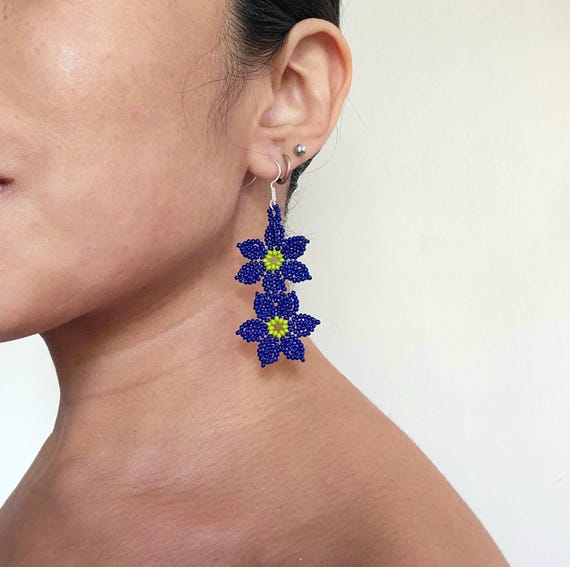 Navy Blue Earrings,Flowers on a Vine Earrings, Beaded floral art, Native American Beaded Earrings, Mexican Indigenous art,Seed Bead Earrings
