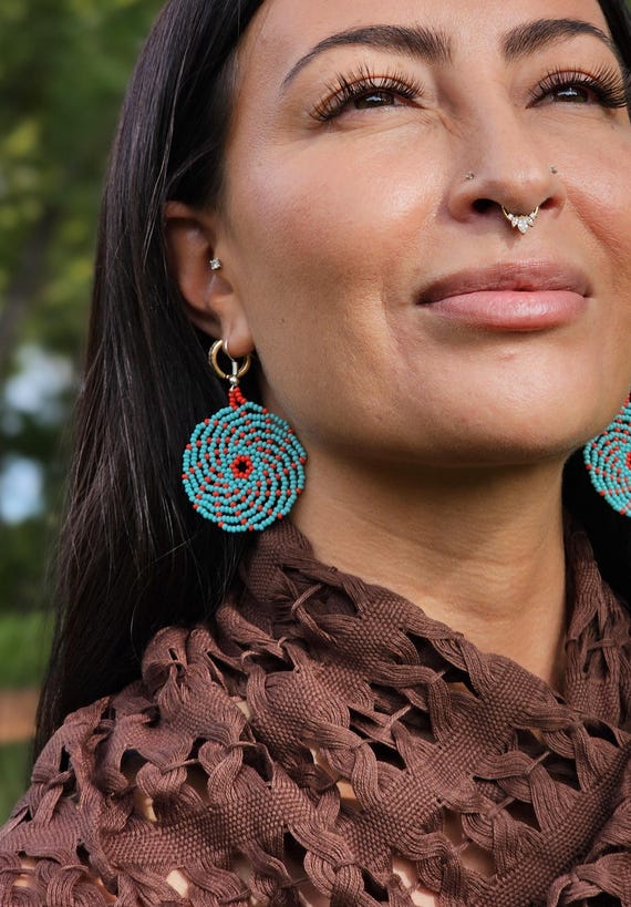 Boho Beaded Earrings, Turquoise Beaded Earrings, Native American Beaded Earrings, Small Boho Earrings, Handmade | Biulu Artisan Boutique