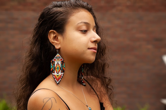 Boho Tribal Earrings, Native American Beaded Earrings, Aztec Earrings, Pyramid Earrings, Large Dangling Earrings, Statement Earrings