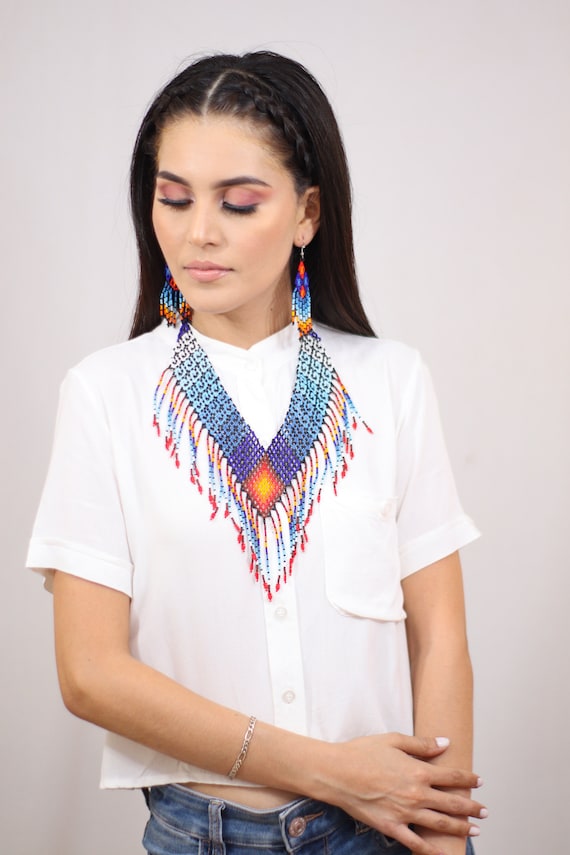 Ethnic Boho Necklace, Native American Indian Jewelry, Beaded Necklace, Beaded Earrings, Boho Jewelry, Indigenous Made Jewelry, Etsy Handmade