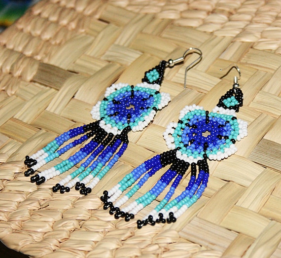 Blue Huichol Dangle Earrings  Native American Indian Earrings  Peyote Flower Earrings  Hippie Earrings  Cool Earrings  Pow Wow Ceremony