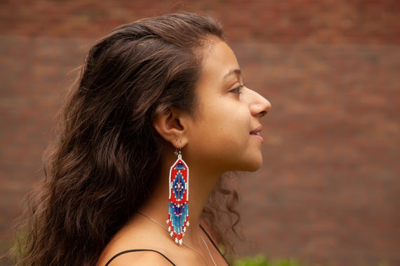 Native American Style Beaded Earrings, Boho Tribal Earrings, Long Narrow Earrings, Beaded Boho Earrings, High Fashion Tribal Earrings