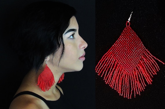 Red Boho Tribal Earrings, Huichol Native American Beaded Earrings, Diamond Fringe Earrings, Large Dangling Earrings, Traditional Beadwork
