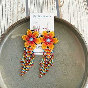 Beaded Boho Earrings, Huichol Earrings, Boho Orange Flower Earrings, Indigenous Made, Traditional Beadwork | Biulu Artisan Boutique