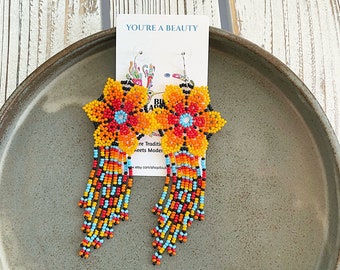 Beaded Boho Earrings, Huichol Earrings, Boho Orange Flower Earrings, Indigenous Made, Traditional Beadwork | Biulu Artisan Boutique