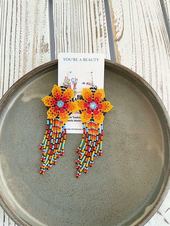 Beaded Boho Earrings, Huichol Earrings, Boho Orange Flower Earrings, Indigenous Made, Traditional Beadwork | Biulu Artisan Boutique