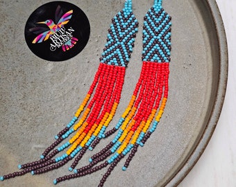 Handmade Boho Earrings, Native American Beaded Earrings, Beaded Boho Earrings, Indigenous Made, Long Skinny Earrings, Etsy Handmade,Colorful