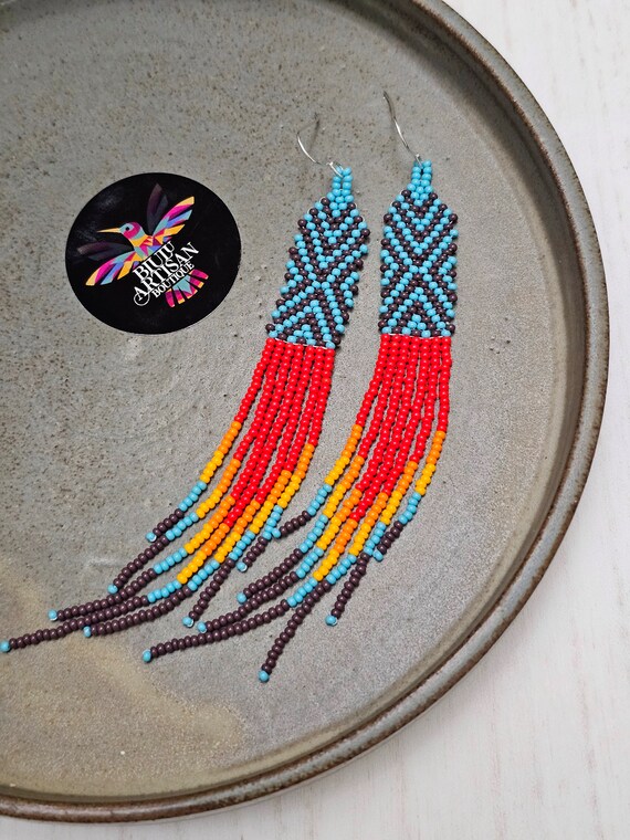 Handmade Boho Earrings, Native American Beaded Earrings, Beaded Boho Earrings, Indigenous Made, Long Skinny Earrings, Etsy Handmade,Colorful