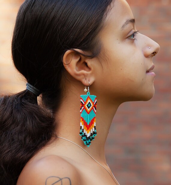 Boho Native American Style Beaded Earrings, Turquoise Beaded Boho Earrings, Geometric Earrings, Square Tribal Earrings, Ojo de Dios Earrings