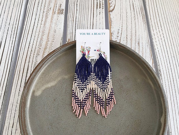 Beaded Boho Earrings, Native American Beaded Earrings, Dark Blue, Cream, Soft Pink, Boho Beaded Earrings, Indigenous Made, Huichol Beadwork