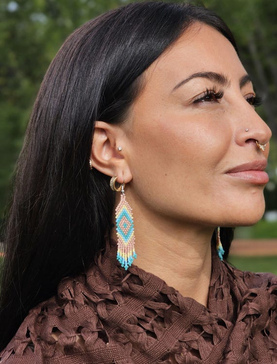 Handmade Boho Earrings, Native American Beaded Earrings, Beaded Boho Earrings, Indigenous Made, Short Skinny Earrings, Etsy Handmade
