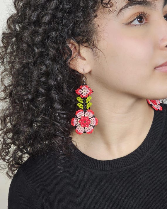 Red Pink Flower Earrings, Native American Beaded Earrings, Huichol Jewelry, Blue Boho Flower Earrings, Handmade | Biulu Artisan Boutique