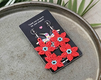 Red Flowers Earrings, Vine Earrings, Beaded floral art, Native American Beaded Earrings, Mexican Art, Seed Bead Earrings, Handmade