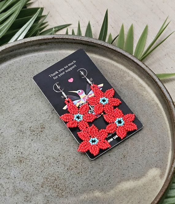 Red Flowers Earrings, Vine Earrings, Beaded floral art, Native American Beaded Earrings, Mexican Art, Seed Bead Earrings, Handmade