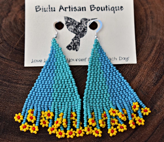 Blue Boho Daisy Earrings, Contemporary Native American Beaded Earrings, Flower Earrings, Beaded Boho Earrings | Biulu Artisan Boutique