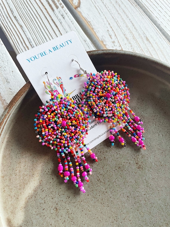 Mixed Color Beaded Earrings, Native American Beaded Earrings, Boho Beaded Earrings, Beaded Boho Earrings, Jewelry, Indigenous Made, Dainty