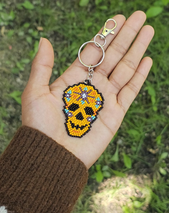 Handmade Beaded Orange Skull Keychain, Catrina Keychain