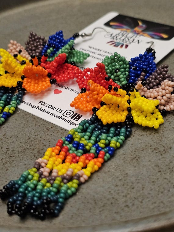 Boho Flower Earrings, Multicolor Earrings, 3D flower, Boho Earrings, Boho Beaded Earrings,Statement Earrings,Handmade|Biulu Artisan Boutique