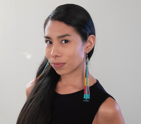 Long Beaded Tube Earrings, Native Style Beaded Earrings, Boho, Seed Bead, Tribal Fashion, Huichol, Handmade | Biulu Artisan Boutique