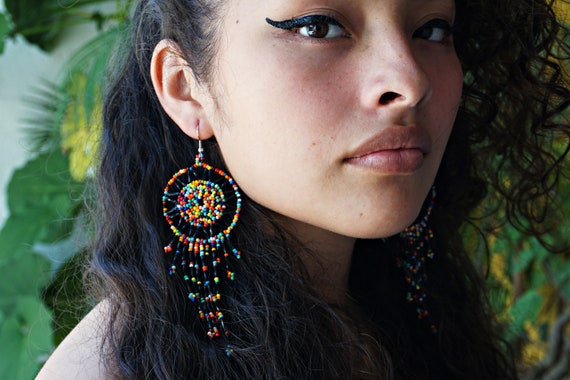 Galaxy Dream Catcher Earrings,  Native American Beaded Earrings, Huichol Earrings, Long Fringe Earrings, Seed Bead Earrings, Multicolor