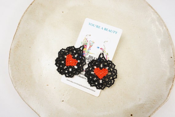 Dainty Heart Earrings, Black Boho Beaded Earrings, Cute, Feminine Heart Earrings, Native American Beaded Earrings, Jewelry, Indigenous Made