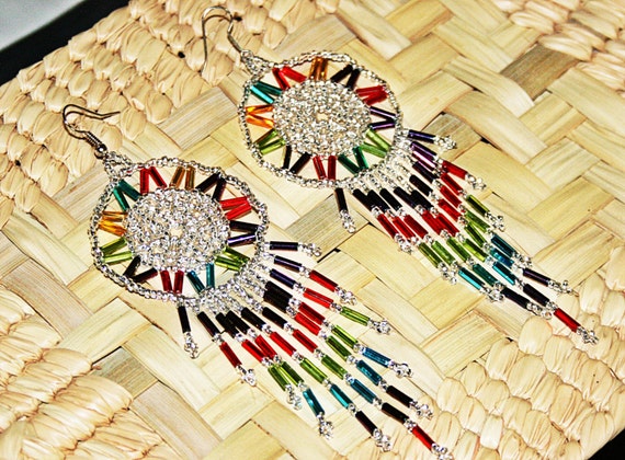 Dreamcatcher Earrings, Huichol Dangle Earrings, Native American Indian Beadwork, Multicolor Earrings, Fun and Bright Silver Earrings