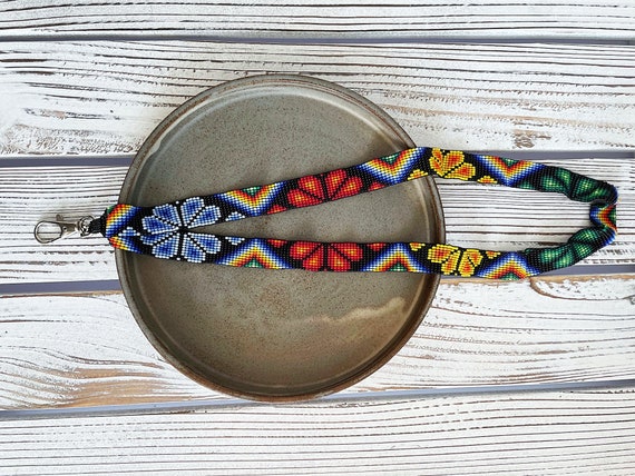 Peyote Beaded Lanyard, ID Tag Lanyard, Native American Made Lanyard, Boho Lanyard, Hand Loomed, Indigenous Made, Long Keychain, Huichol Art